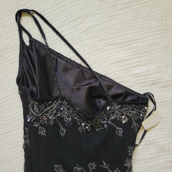 Vintage 90s Scala Sz L Black Silk OneShoulder Asymmetrical Beaded Y2K Midi Dress - Picture 7 of 10
